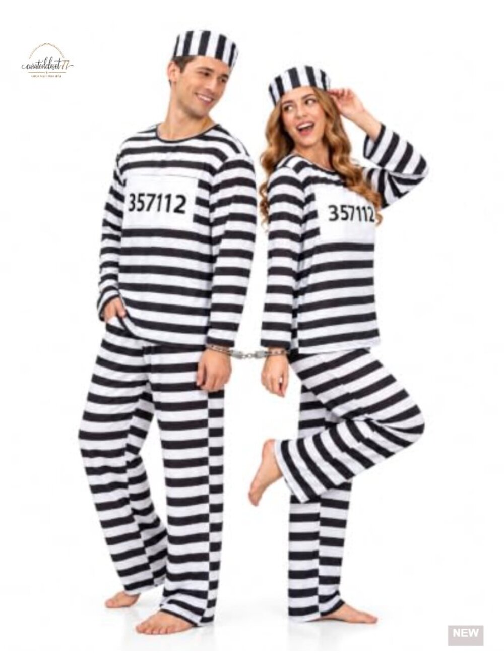 Men's Prisoner Halloween Costume Set with Handcuffs Inmate Cosplay Outfit
